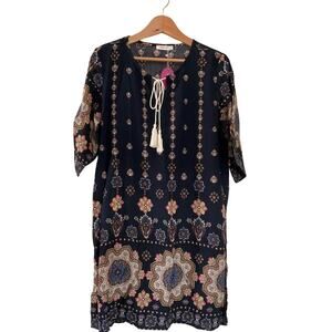 HALIFE Dress Women Mandala Print Tassel Tie Tunic Dress Size Medium